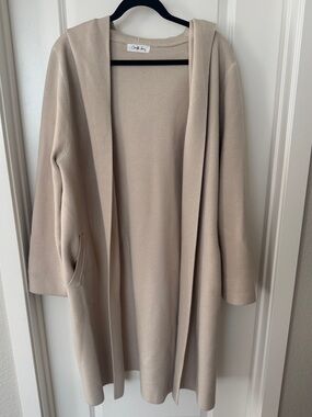 Charlotte Avery Cozy Open-Front Hooded Long Cardigan with pockets — Cream